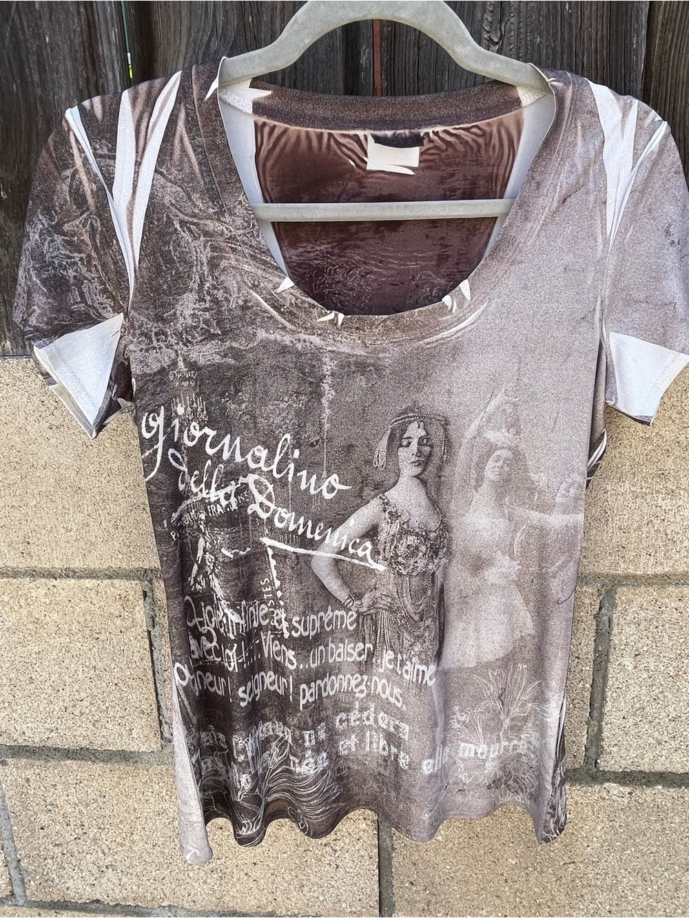 Vintage Y2K Italian Collage Graphic Tee Whimsigoth Cyber Grunge Art Top Size M